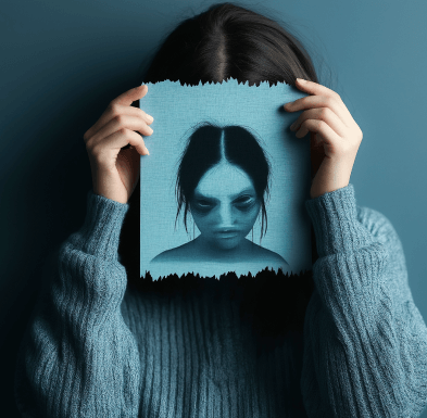 Person holding a picture of a sad face in front of their own, symbolizing dissatisfaction and hidden emotions.