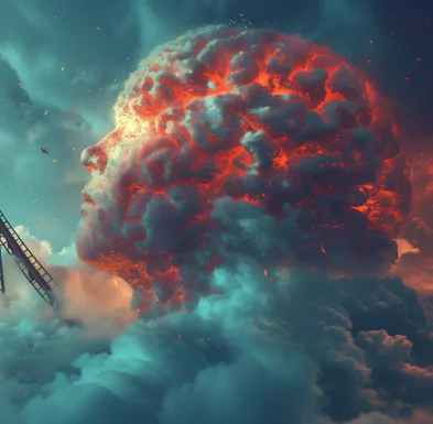 Fiery cloud shaped like a human head, surrounded by smoke and intense colors, symbolizing anger and rage.