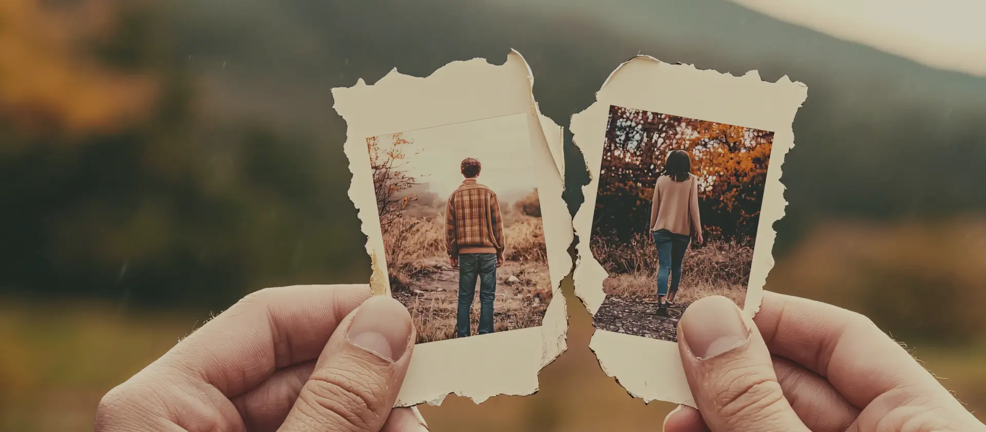 A torn photograph of a couple, symbolizing the end of a relationship and the division of lives through divorce.