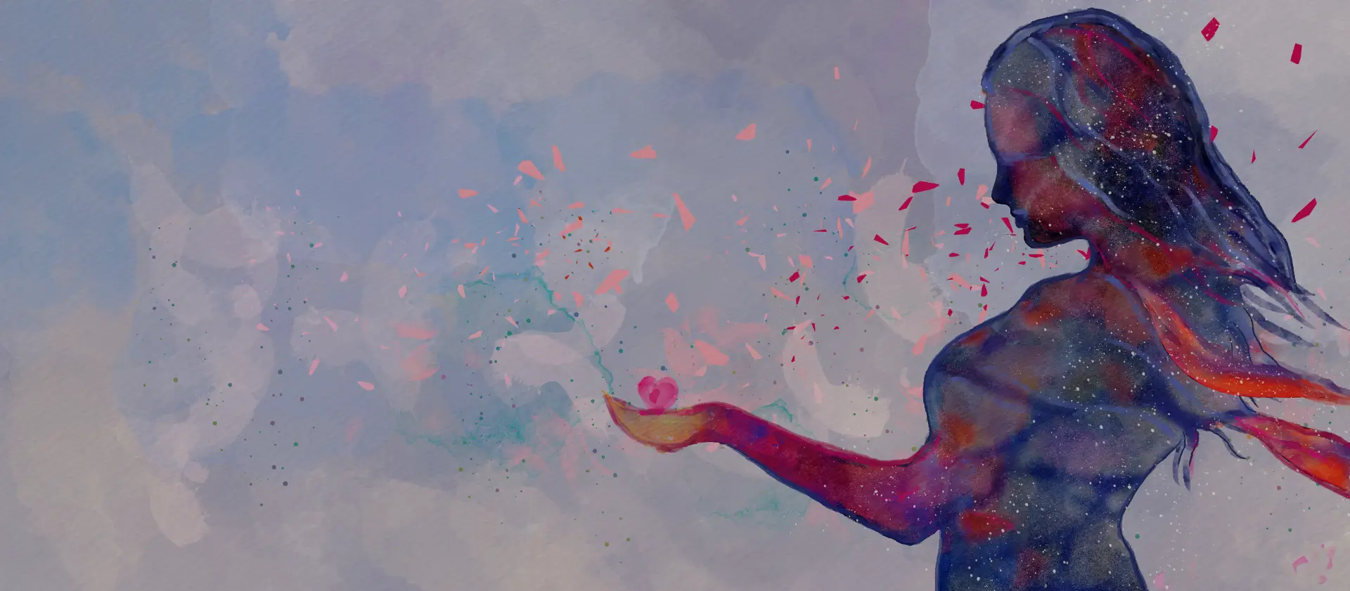 A serene watercolor image of a figure holding a heart-shaped object, releasing petals into the air, symbolizing the calming emotion of relief.