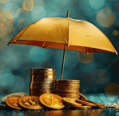 Stacks of coins and cryptocurrency under a golden umbrella, symbolizing financial security and protection.