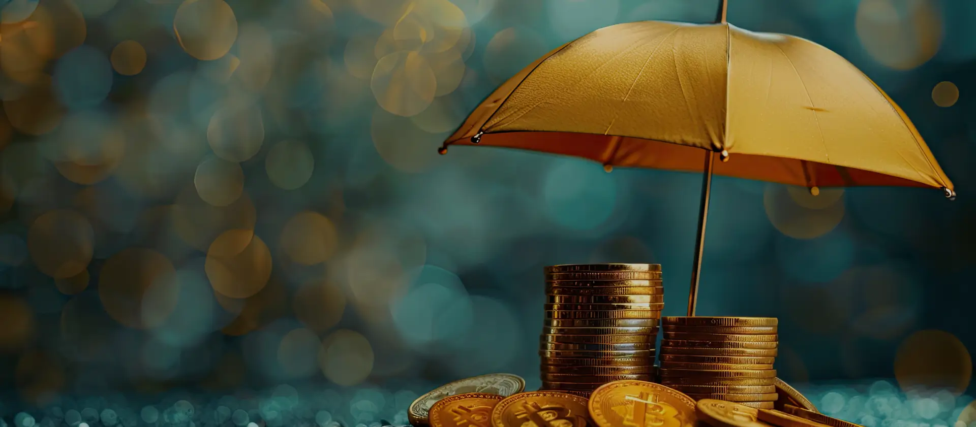 A stack of golden coins protected under a yellow umbrella, symbolizing financial security and protection during divorce proceedings.