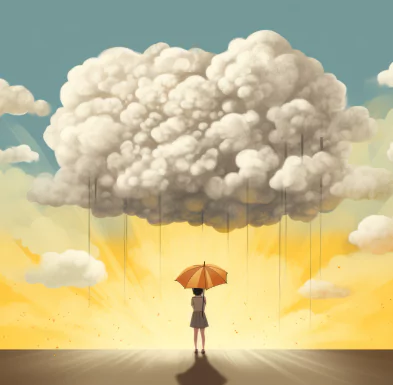 Person standing under a rain cloud with an umbrella, surrounded by sunlight, symbolizing guilt and inner conflict.