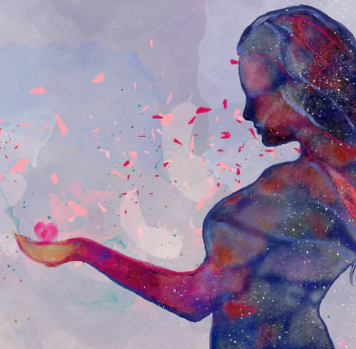 Abstract illustration of a woman holding a glowing heart, symbolizing relief and emotional healing.