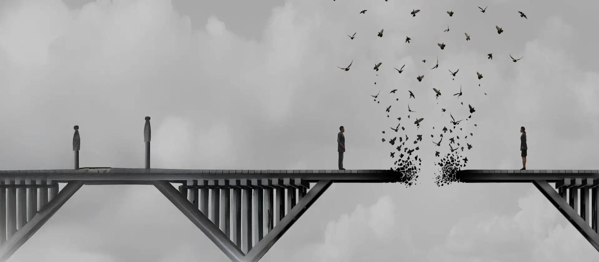 A symbolic image of a bridge splitting apart with figures on either side, representing the emotional and legal separation in divorce.