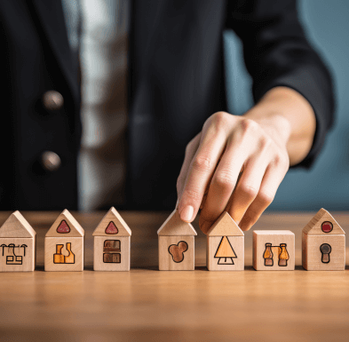 Person arranging wooden houses with icons, symbolizing spousal support and property division in divorce.