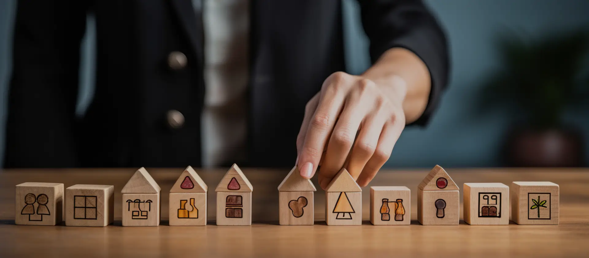 A close-up of a hand arranging wooden blocks representing family and financial planning, symbolizing spousal support considerations during a divorce.