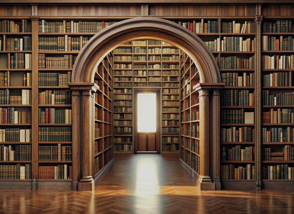 A grand library with tall wooden shelves filled with books