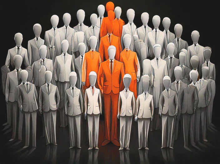 A group of faceless business figures in suits, with a few highlighted in orange, symbolizing leadership or standout individuals in a crowd.