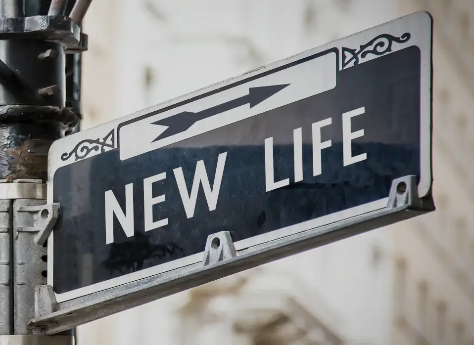 A close-up of a street sign reading 'New Life,' mounted on a lamp post