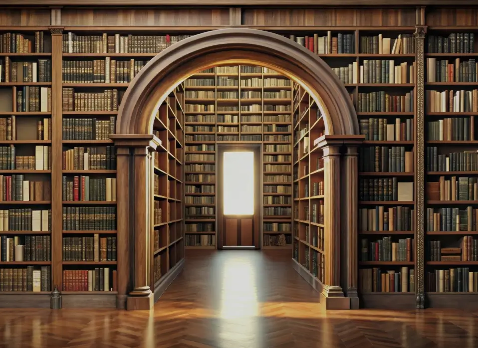 A grand library with tall wooden shelves filled with books